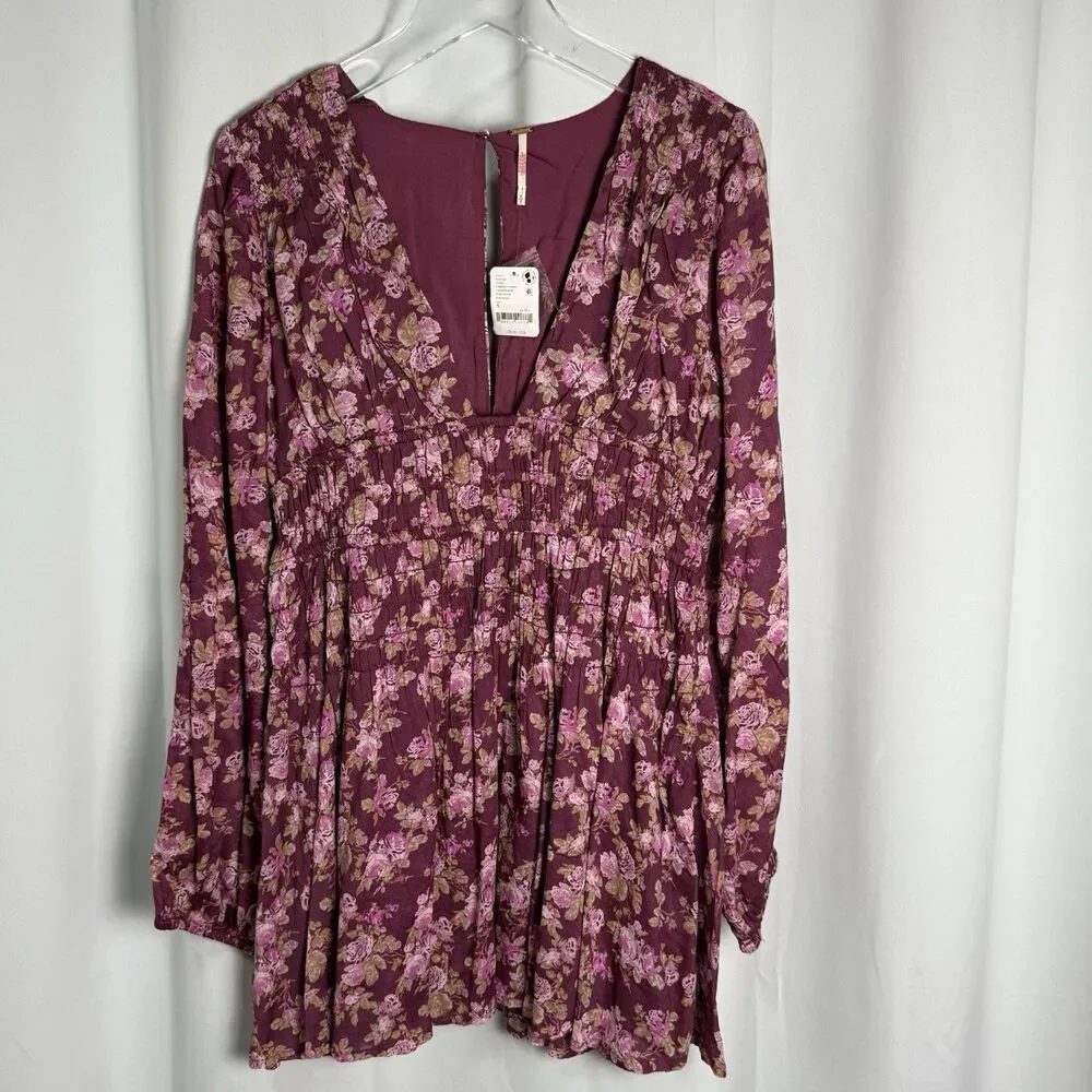 Free People “Keep You” Mini Dress In Berry Combo Floral Sz Small New
